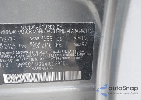 2013 Hyundai Sonata Limited z USA, uszkodzony, nr VIN 5NPEC4AC8DH622920